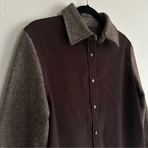 Talbots Wool Blend Brown Button Shirt with Tan Herringbone Accents